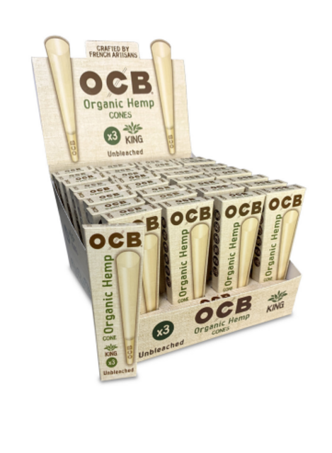 OCB ORGANIC HEMP KING UNBLEACHED CONE 3CT BOX OF 32