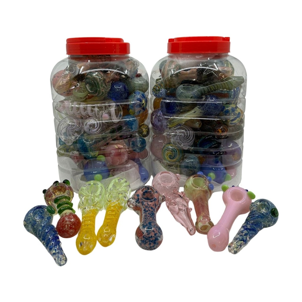 PREMIUM GLASS HAND PIPES IN JAR 10CT ASSORTED DESIGNS AND SIZES pufcit101