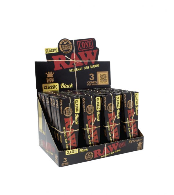 RAW BLACK CLASSIC KING SIZE CONES RETRO 3CT BOX OF 32