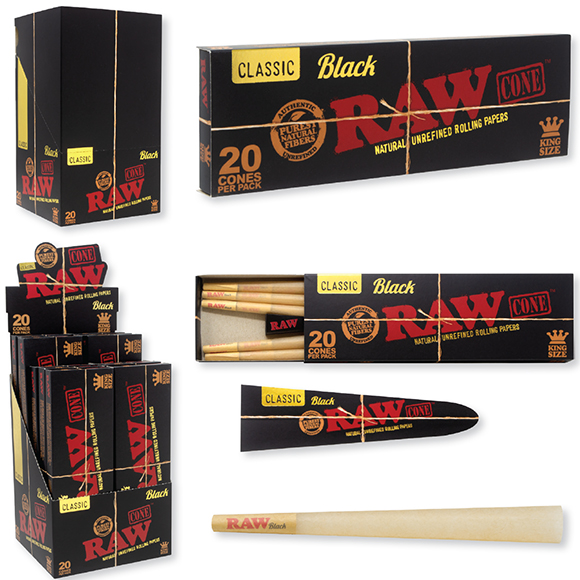 RAW BLACK CLASSIC PRE-ROLL CONES 20CT PER PACK BOX OF 12