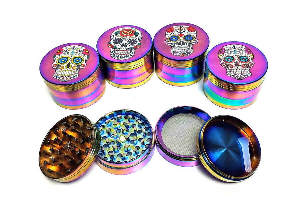 TOBACCO GRINDER 4 PARTS RAINBOW SKULL DESIGN #TG4-63FCS-SK BOX OF 6