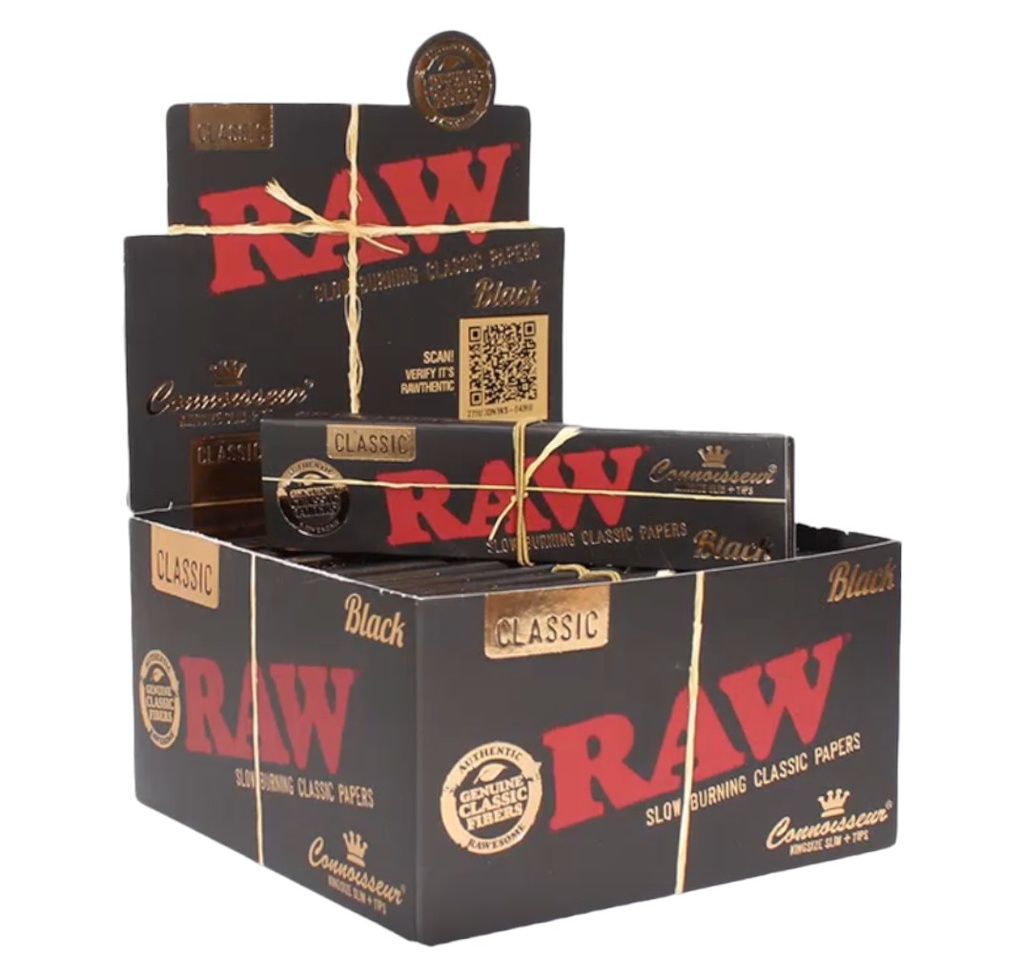 RAW BLACK KINGSIZE SLIM CLASSIC ROLLING PAPER+TIPS CONNOISSEUR BOX OF 24