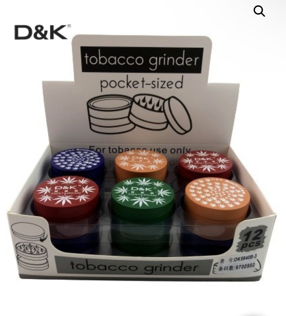 D&K TOBACCO GRINDER 4 PARTS 55MM W/LEAF LOGO BOX OF 12