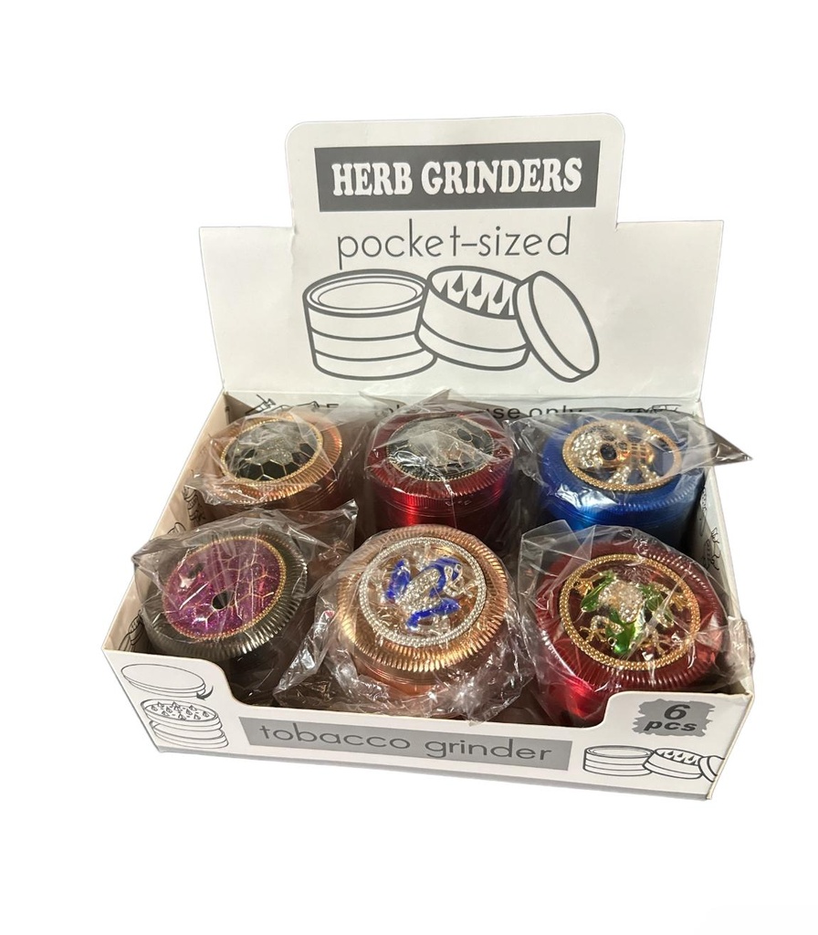 D&K TOBACCO GRINDER 4PART ASSORTED COLLORS AND DESING BOX OF 6