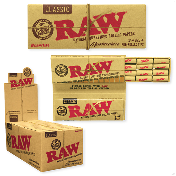 RAW 1 1/4 CLASSIC ROLLING PAPERS + PRE-ROLLED TIPS + MASTERPIECE BOX OF 24