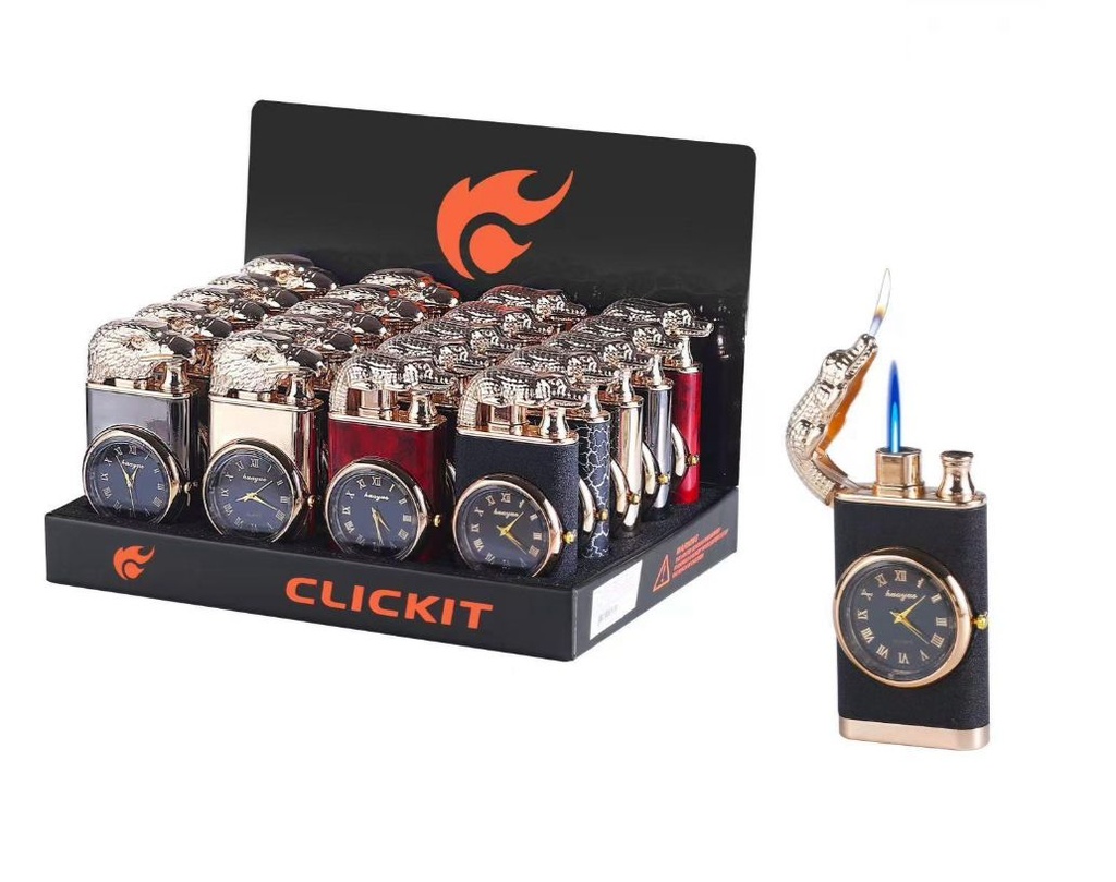 CLICKIT CROCODILE TORCH FLAME 2IN1 WITH CLOCK GH-7269 BOX OF 20