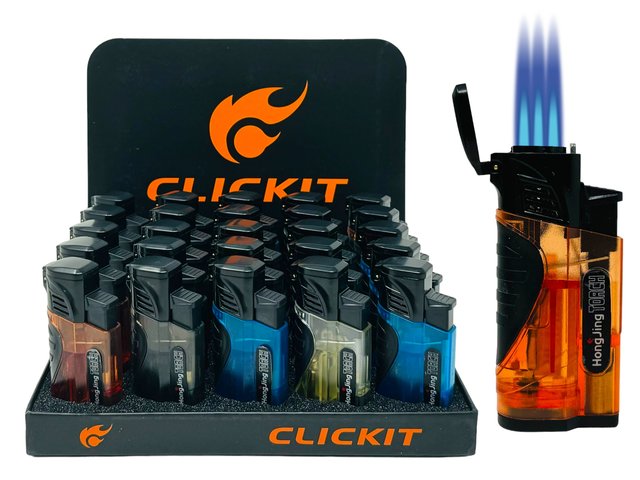 CLICKIT TRANSPARENT TRIPLE TORCH LIGHTER WITH CIGAR CUTTER GH-10870 BOX OF 25