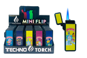 TECHNO TORCH MINI FLIP TORCH LIGHTERS ASSORTED DESIGNS BOX OF 25